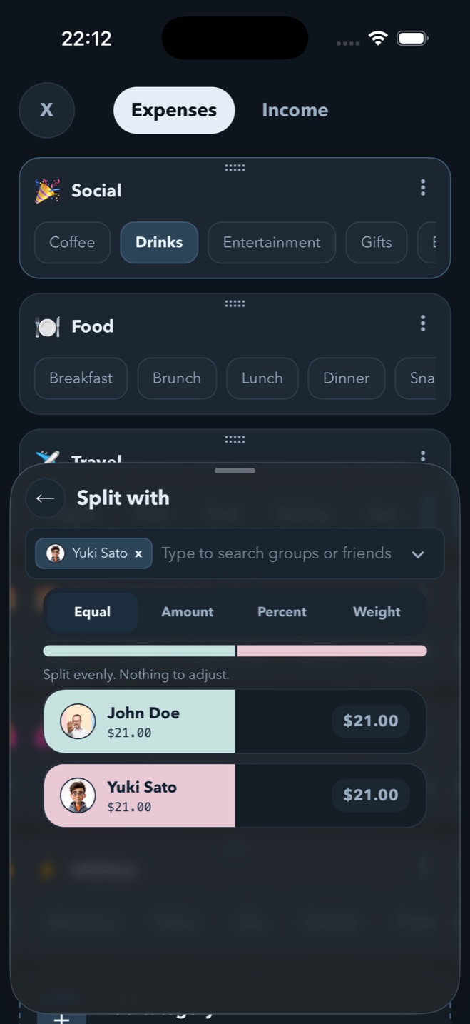 Spendol showing an expense split equally between two people