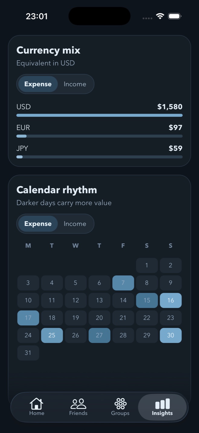 Spendol insights showing currency mix and a calendar spending heatmap