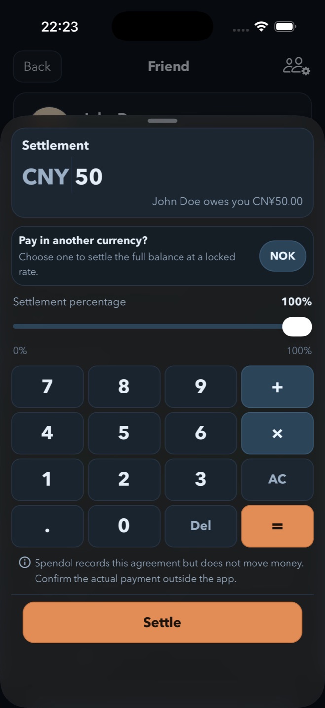 Spendol settlement form with percentage and currency conversion controls